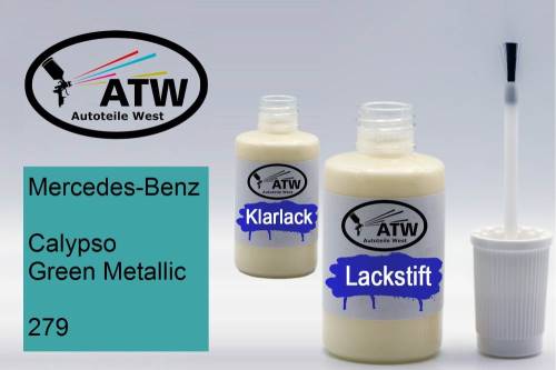 Mercedes-Benz, Calypso Green Metallic, 279: 20ml Lackstift + 20ml Klarlack - Set, von ATW Autoteile West.